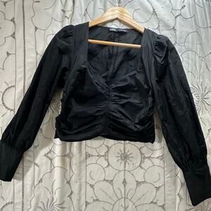 Zara Black Ruched Puff Sleeve Crop Top Medium